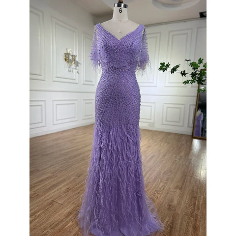 Brown Mermaid Luxury Evening Dresses Gowns 2025 Beaded Feather Elegant For Woman Party LA71323