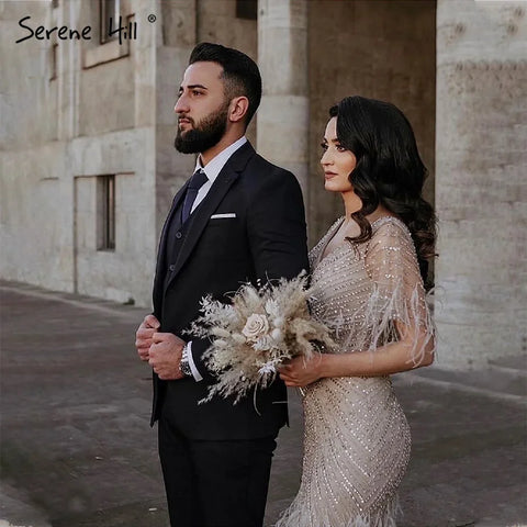 Brown Mermaid Luxury Evening Dresses Gowns 2025 Beaded Feather Elegant For Woman Party LA71323