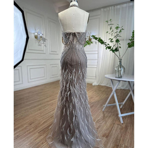 On Sale no return no refund Carame Mermaid Sleeveless Sexy High Split Beaded Feathers Evening Dresses Gowns For Women Wedding Party 2025 LA72132