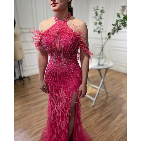 On Sale no return no refund Carame Mermaid Sleeveless Sexy High Split Beaded Feathers Evening Dresses Gowns For Women Wedding Party 2025 LA72132