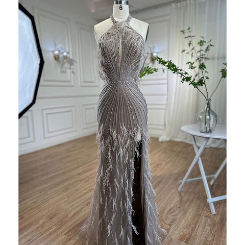 On Sale no return no refund Carame Mermaid Sleeveless Sexy High Split Beaded Feathers Evening Dresses Gowns For Women Wedding Party 2025 LA72132