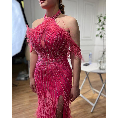 On Sale no return no refund Carame Mermaid Sleeveless Sexy High Split Beaded Feathers Evening Dresses Gowns For Women Wedding Party 2025 LA72132