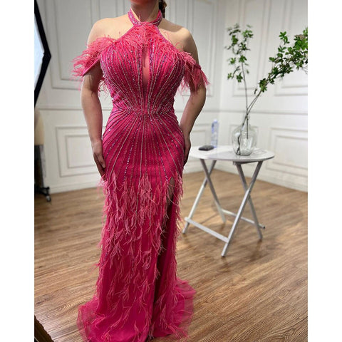 On Sale no return no refund Carame Mermaid Sleeveless Sexy High Split Beaded Feathers Evening Dresses Gowns For Women Wedding Party 2025 LA72132