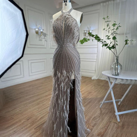 On Sale no return no refund Carame Mermaid Sleeveless Sexy High Split Beaded Feathers Evening Dresses Gowns For Women Wedding Party 2025 LA72132