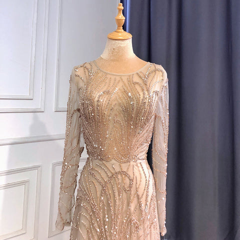 Caramel A-Line Luxury Evening Dresses Gowns 2025 O-Neck Long Sleeve Beaded For Women Party LA71667