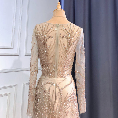 Caramel A-Line Luxury Evening Dresses Gowns 2025 O-Neck Long Sleeve Beaded For Women Party LA71667