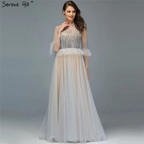 Caramel A Line O Neck Beaded Crystal Evening Dresses Gowns Long Sleeves For Woman Wedding Party 2025 LA70147