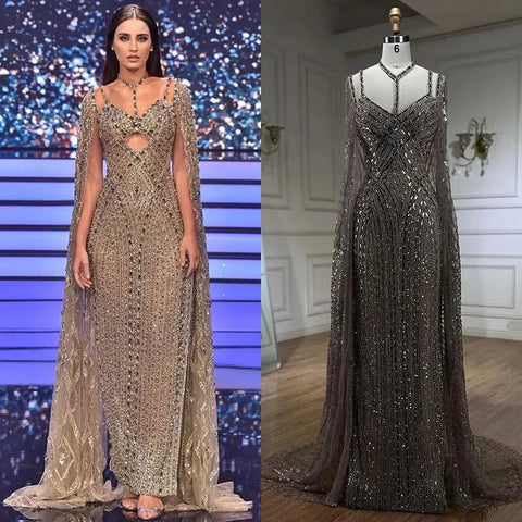 Vestidos de noche de sirena color caramelo con mangas tipo capa, vestidos de fiesta de lujo con cuentas, colección 2025 para mujer LA72053 