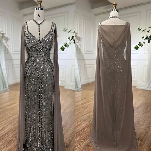 Vestidos de noche de sirena color caramelo con mangas tipo capa, vestidos de fiesta de lujo con cuentas, colección 2025 para mujer LA72053 