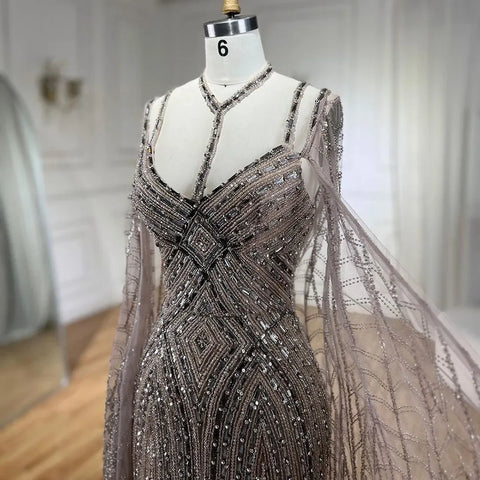 Vestidos de noche de sirena color caramelo con mangas tipo capa, vestidos de fiesta de lujo con cuentas, colección 2025 para mujer LA72053 