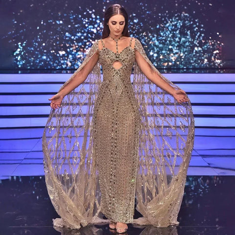 Vestidos de noche de sirena color caramelo con mangas tipo capa, vestidos de fiesta de lujo con cuentas, colección 2025 para mujer LA72053 