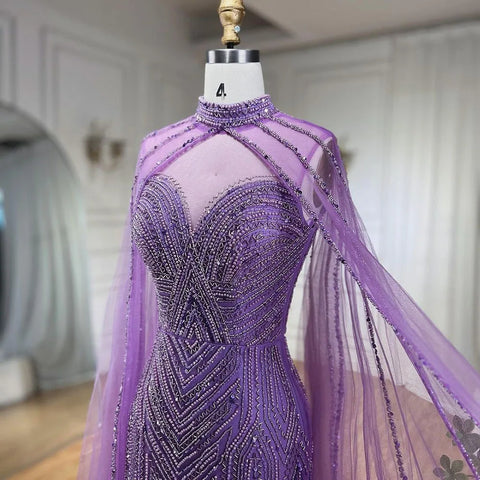 Robe de soirée sirène à manches cape caramel, fendue haute et perlée, longue, robe de célébrité pour femme, LA72233 