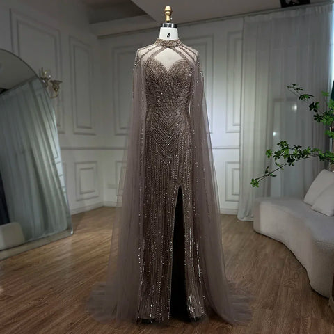 Robe de soirée sirène à manches cape caramel, fendue haute et perlée, longue, robe de célébrité pour femme, LA72233 