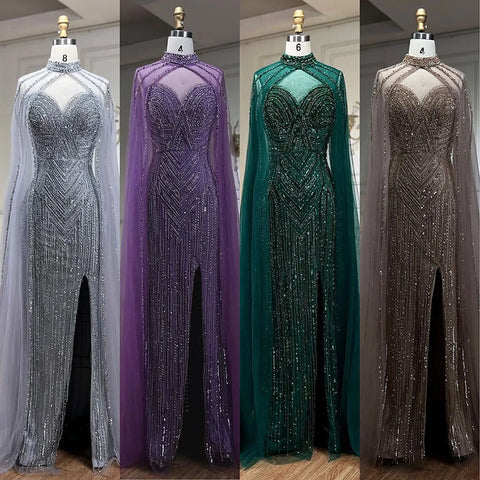 Robe de soirée sirène à manches cape caramel, fendue haute et perlée, longue, robe de célébrité pour femme, LA72233 