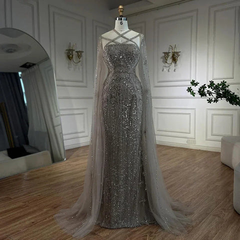 Caramel Elegant Cape Sleeves Beaded Mermaid Luxury Dubai Evening Dresses Gowns For Women Wedding Party 2025 LA71905B