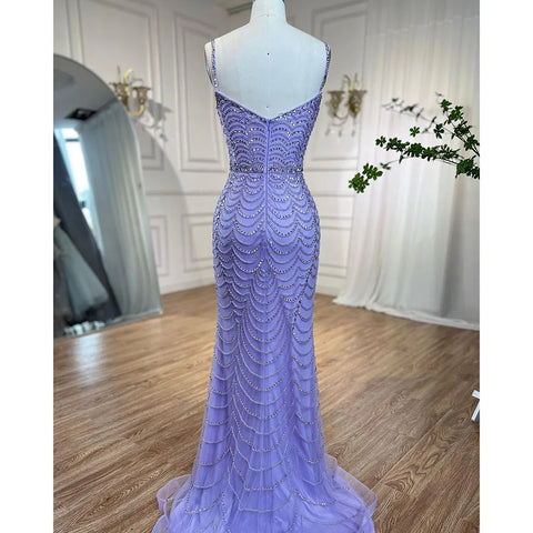 On Sale no return no refund Lilac Elegant Spaghetti Strap Split Beaded Formal Luxury Arabic Mermaid Evening Dresses for Formal Occasion 2025 LA72109