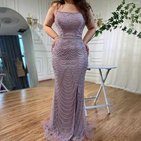 On Sale no return no refund Lilac Elegant Spaghetti Strap Split Beaded Formal Luxury Arabic Mermaid Evening Dresses for Formal Occasion 2025 LA72109