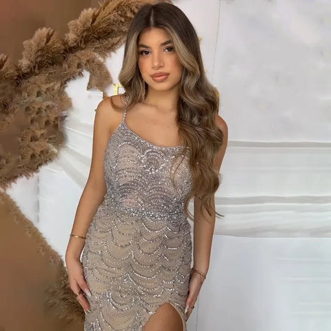 On Sale no return no refund Lilac Elegant Spaghetti Strap Split Beaded Formal Luxury Arabic Mermaid Evening Dresses for Formal Occasion 2025 LA72109