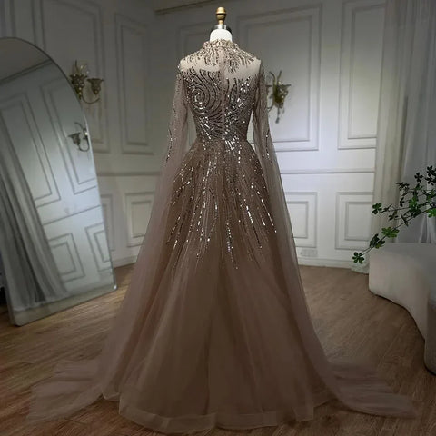 Caramel Luxury Evening Dresses with Cape Sleeves A-Line Beaded Lace Gown For Women's Wedding Party 2025 LA72386