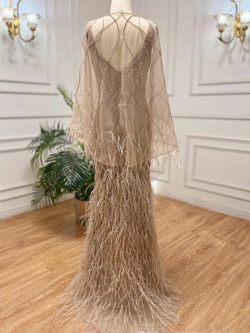 Vestidos de noche de sirena color caramelo con cuentas y plumas, elegantes y lujosos para mujer, ideales para bodas y fiestas (2025) LA71866 