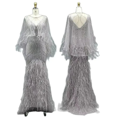 Vestidos de noche de sirena color caramelo con cuentas y plumas, elegantes y lujosos para mujer, ideales para bodas y fiestas (2025) LA71866 