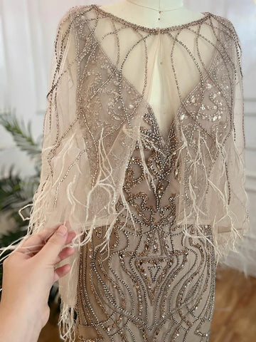 Vestidos de noche de sirena color caramelo con cuentas y plumas, elegantes y lujosos para mujer, ideales para bodas y fiestas (2025) LA71866 