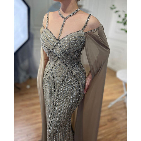 Vestidos de noche color caramelo con mangas tipo capa de sirena, lujosos vestidos de fiesta árabes con cuentas, colección 2025 para mujer LA72053A 