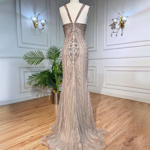 Robe de soirée sirène sexy à bretelles spaghetti et perles, couleur caramel, luxueuse, pour femme, tenue de mariage, 2025, LA71849 