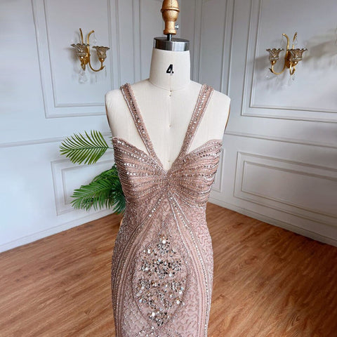 Robe de soirée sirène sexy à bretelles spaghetti et perles, couleur caramel, luxueuse, pour femme, tenue de mariage, 2025, LA71849 
