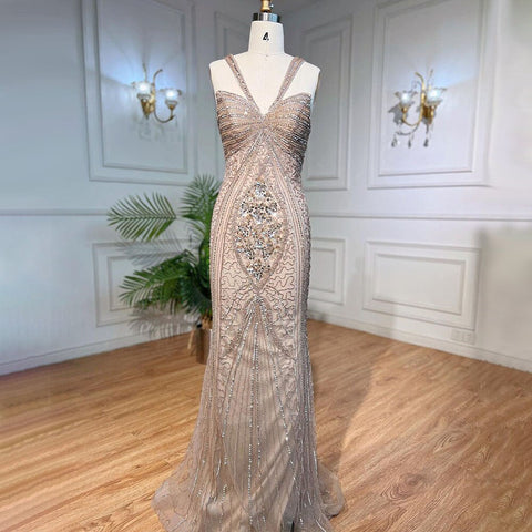 Robe de soirée sirène sexy à bretelles spaghetti et perles, couleur caramel, luxueuse, pour femme, tenue de mariage, 2025, LA71849 