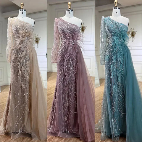 Caramel Mermaid With Overskirt One Shoulder Beaded Feathers Evening Dresses Gowns For Women Party 2025 LA71789A