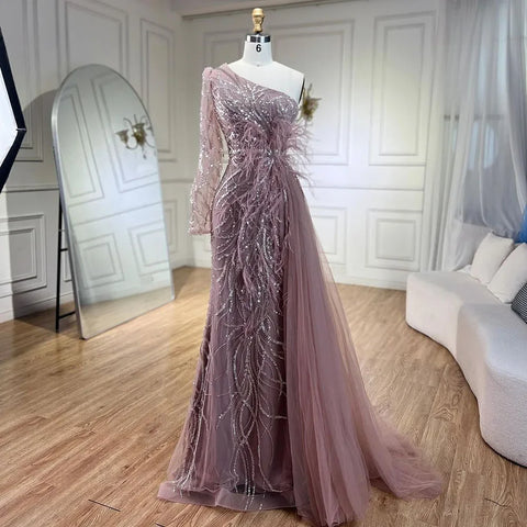Caramel Mermaid With Overskirt One Shoulder Beaded Feathers Evening Dresses Gowns For Women Party 2025 LA71789A