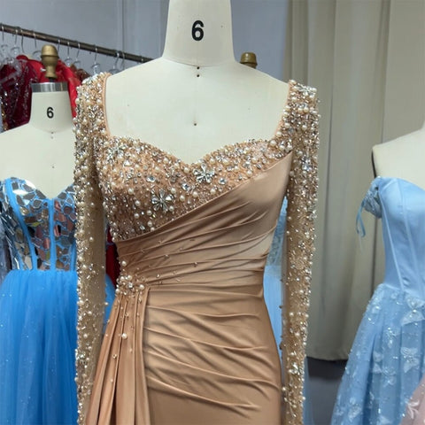 Vestidos de noche de lujo con cuentas, estilo sirena, elegantes y con sobrefalda, color caramelo, para mujer, colección 2025, modelo LA72025 