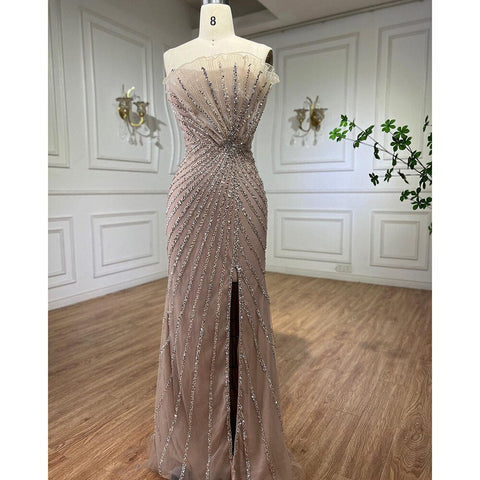 Caramel Sexy High Split Off Shoulder Mermaid Evening Dresses Beaded Gowns 2025 For Women Wedding Party LA72049