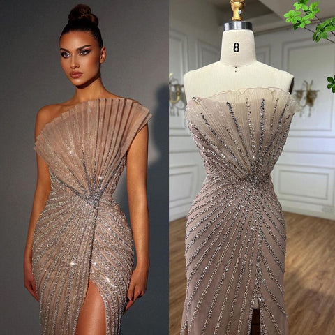 Caramel Sexy High Split Off Shoulder Mermaid Evening Dresses Beaded Gowns 2025 For Women Wedding Party LA72049