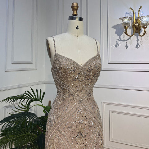 Vestidos de noche elegantes y sexys de sirena con tirantes finos, plumas y cuentas, estilo espagueti, para mujer, colección 2025, modelo LA72025 