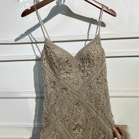 Vestidos de noche elegantes y sexys de sirena con tirantes finos, plumas y cuentas, estilo espagueti, para mujer, colección 2025, modelo LA72025 