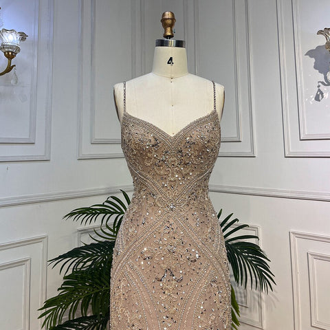 Vestidos de noche elegantes y sexys de sirena con tirantes finos, plumas y cuentas, estilo espagueti, para mujer, colección 2025, modelo LA72025 