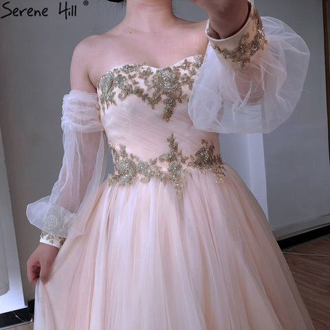 Vestidos de novia sexys con mangas abullonadas color champán, colección 2025, con bordado de cuentas, ideales para fotografía. Modelo HA2329. Hecho a medida. 