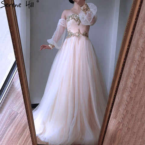 Vestidos de novia sexys con mangas abullonadas color champán, colección 2025, con bordado de cuentas, ideales para fotografía. Modelo HA2329. Hecho a medida. 