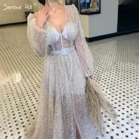 Champagne Latern Sleeve Evening Dresses Gowns 2025 A-Line Beaded Lace For Women Party LA71346