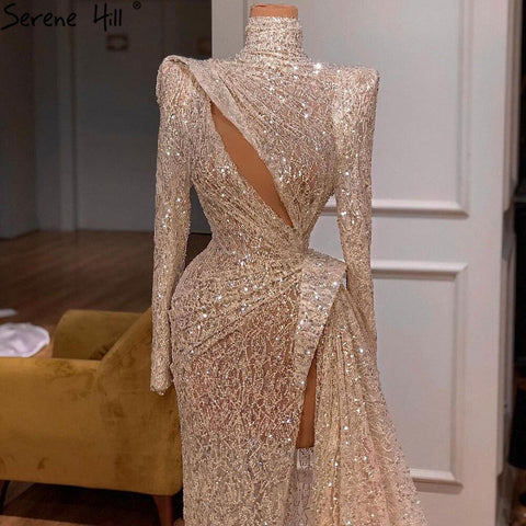 Champagne Luxury Mermaid Evening Dresses Gowns 2025 Beaded Elegant High Split For Women Party LA71255