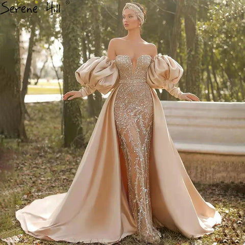 Champagne Luxury Mermaid Evening Dresses Long Gowns with Half Purr Sleeves and Elegant for Women Party LA71120