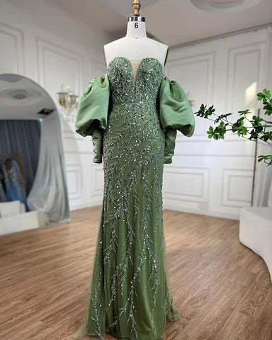 Champagne Luxury Mermaid Evening Dresses Long Gowns with Half Purr Sleeves and Elegant for Women Party LA71120
