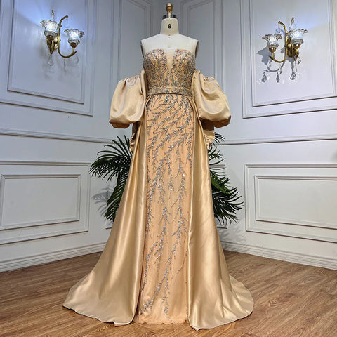 Champagne Luxury Mermaid Evening Dresses Long Gowns with Half Purr Sleeves and Elegant for Women Party LA71120