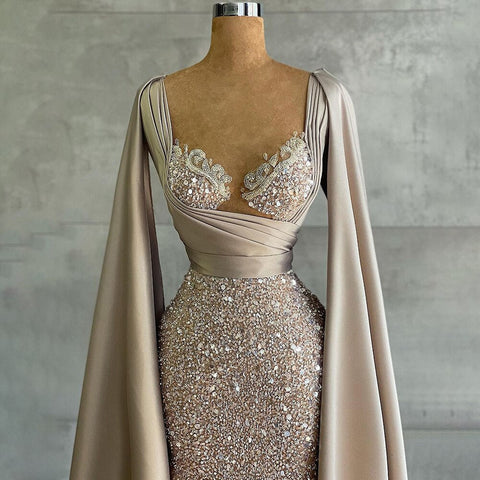 Champagne Mermaid Elegant Cape Sleeves Evening Dresses Gowns 2025 Luxury Beaded For Women Party LA71675