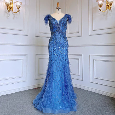 Vestidos de noche elegantes de sirena color champán, con plumas de diamantes, sin mangas, formales, de lujo, con cuentas 2025 LA70350 