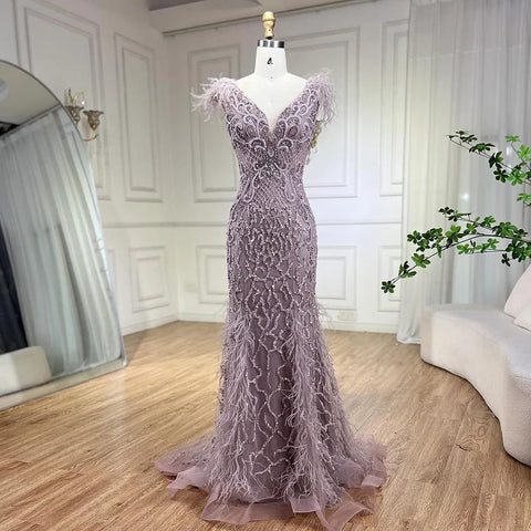 Vestidos de noche elegantes de sirena color champán, con plumas de diamantes, sin mangas, formales, de lujo, con cuentas 2025 LA70350 