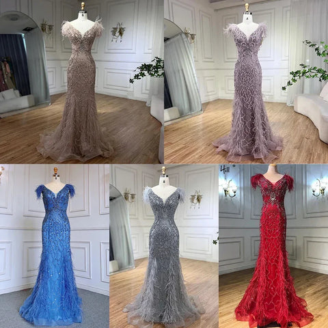 Vestidos de noche elegantes de sirena color champán, con plumas de diamantes, sin mangas, formales, de lujo, con cuentas 2025 LA70350 
