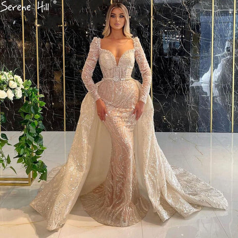 Champagne Mermaid Luxury Evening Dresses Gowns 2025 Elegant With Overskirt  For Women Party LA71404